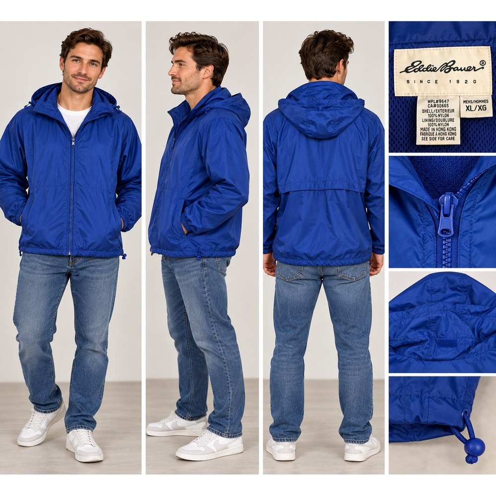 Eddie Bauer Windbreaker Jacket Mens XL Blue Gorpcore Vintage Hooded Full Zip
